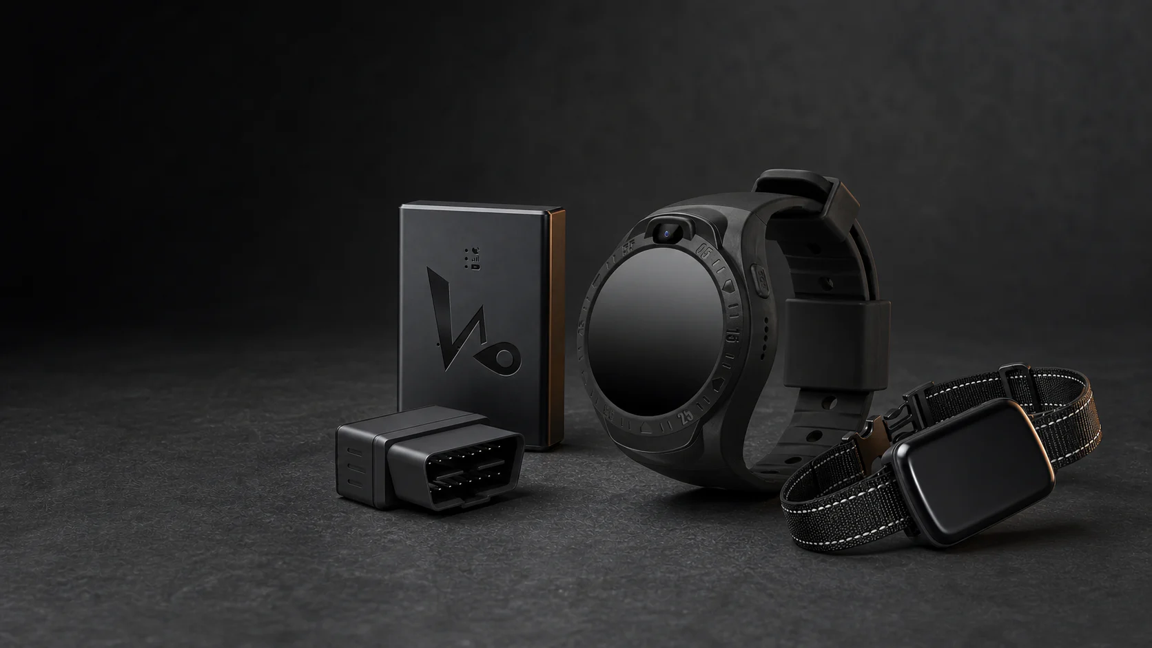 A9 4G GPS tracking watch with Q10 portable, D8 OBD, and M10 pet trackers in a unified studio setting