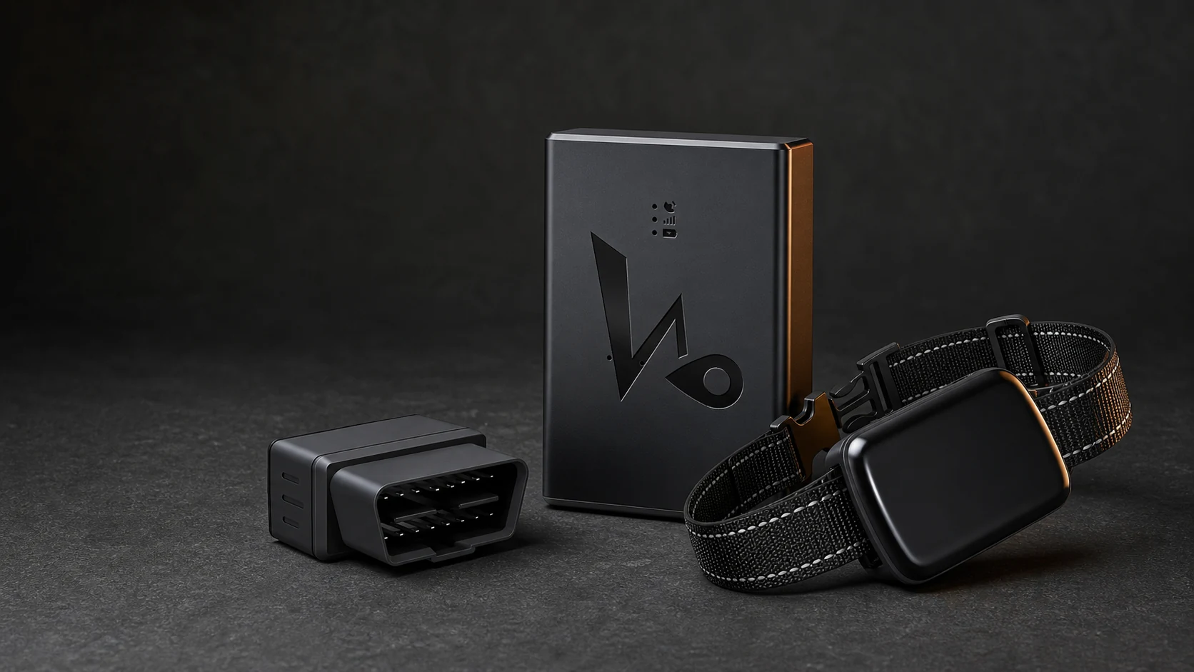Q10 portable tracker, D8 OBD tracker, and M10 pet tracker in a unified studio setting