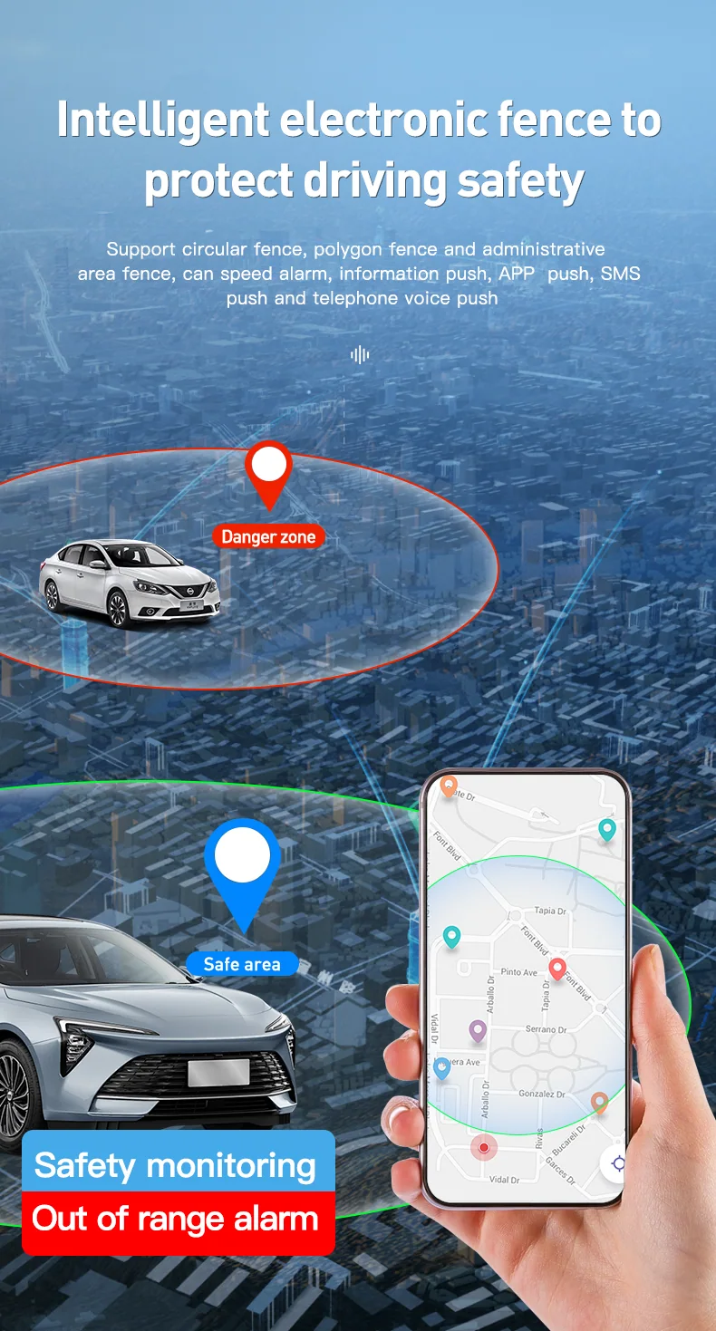 D8 English product visual showing electronic geofence monitoring
