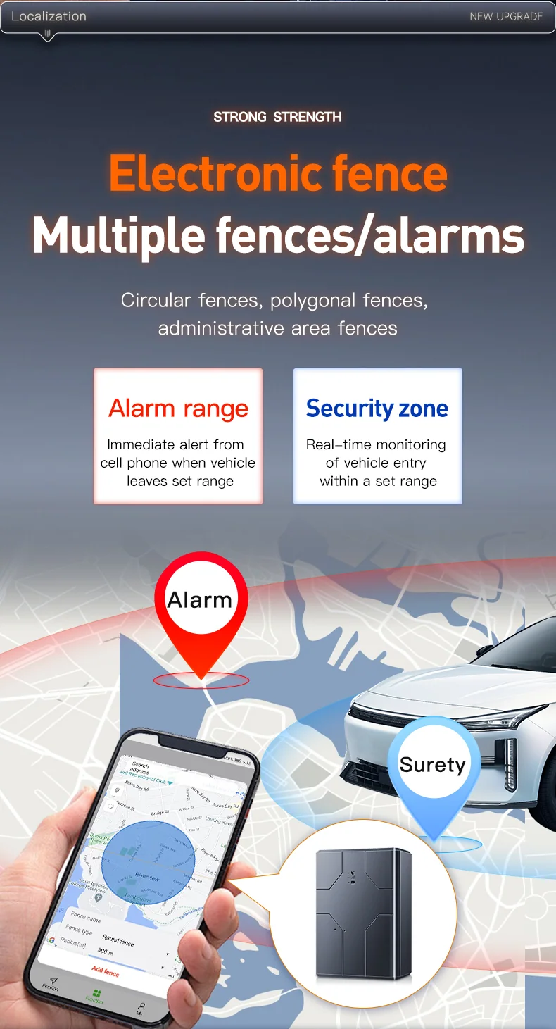 Q16 English product visual showing geofence and alarm workflows